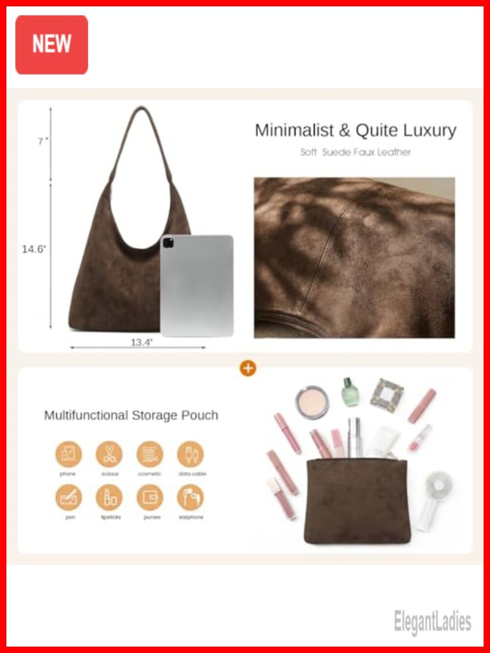 Faux Suede Hobo Bag Tote Shoulder Purse with Pouch - Picture 3 of 6